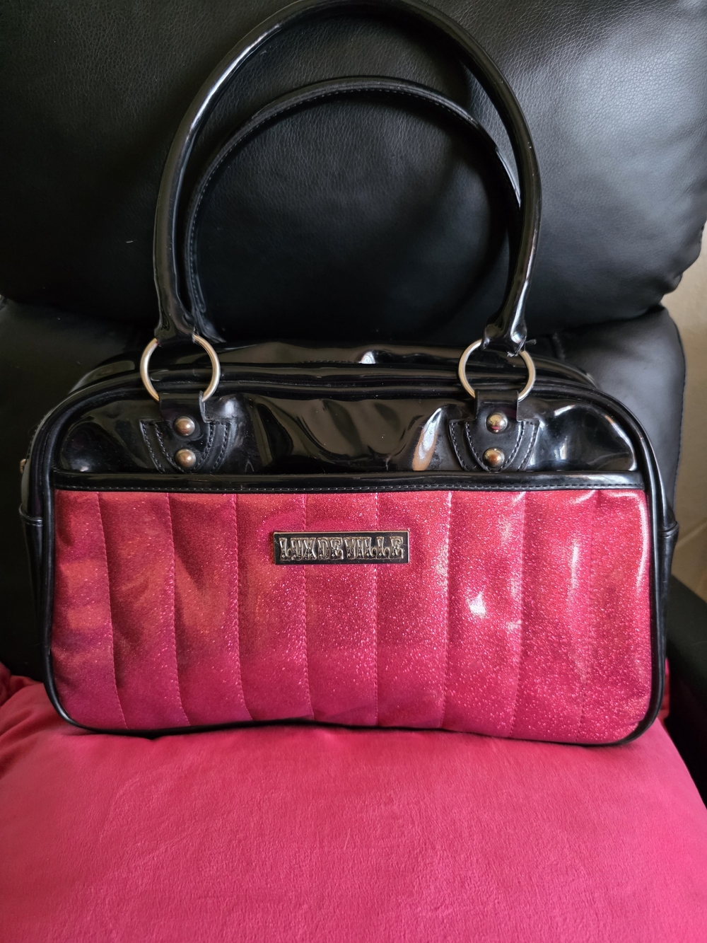 Lux de Ville Hot Pink Quilted Glitter Satchel with Black Trim